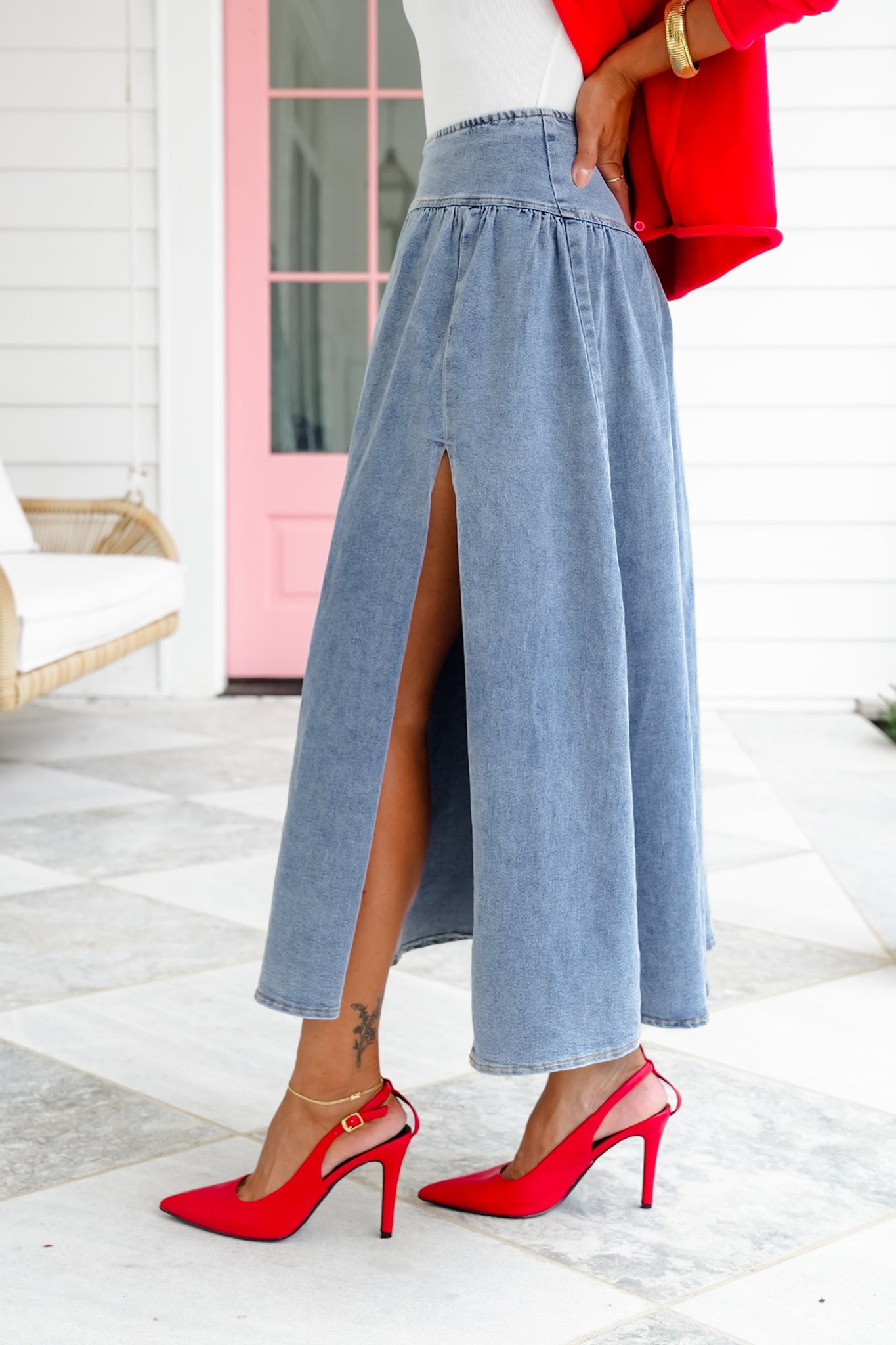 Medium Wash Midi Skirt with Side Slit Detail