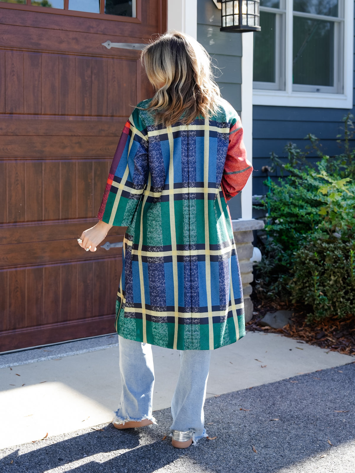 Color Block Wool Blend Plaid Long Sleeve Coat