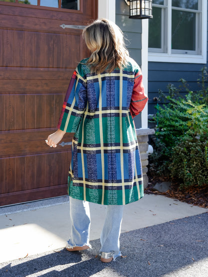 Color Block Wool Blend Plaid Long Sleeve Coat