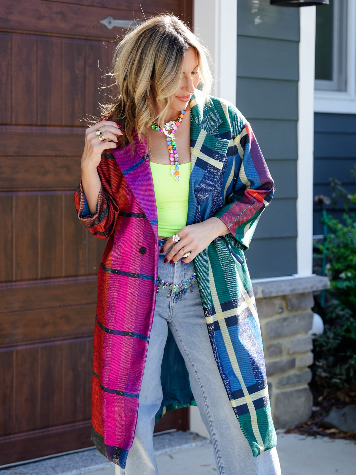 Color Block Wool Blend Plaid Long Sleeve Coat