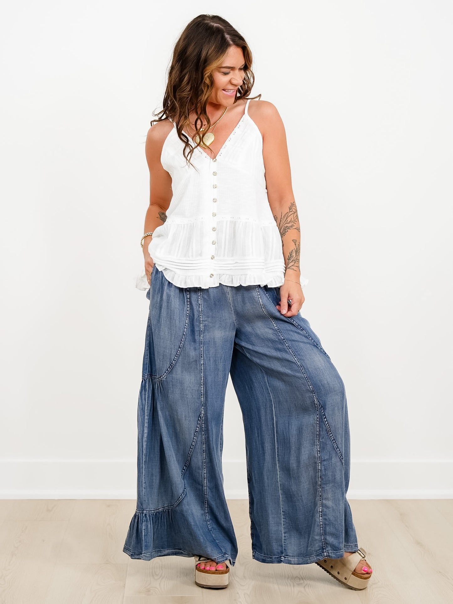 Chambray Elastic Waist Tiered Wide Leg pants