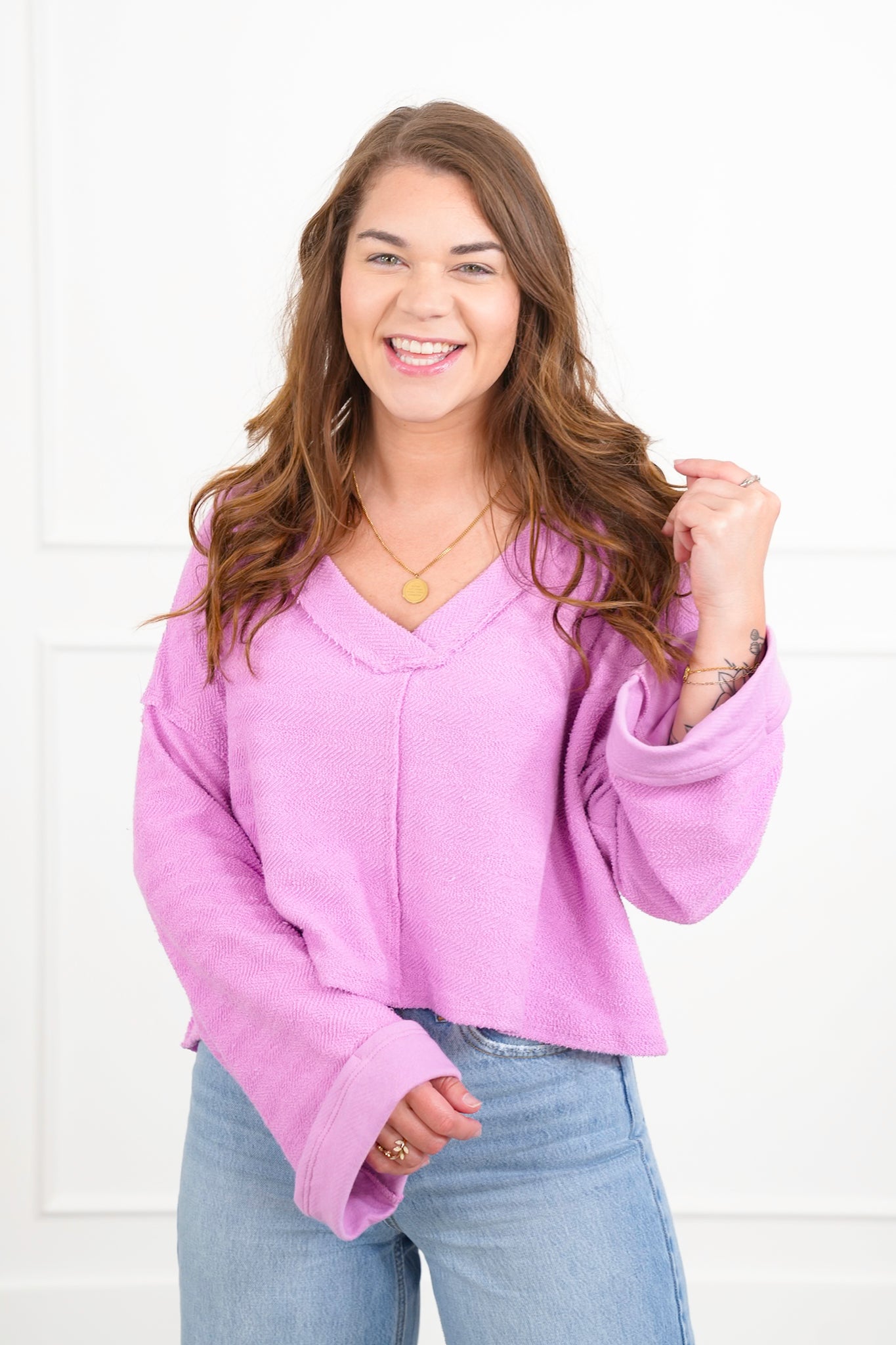 Long Sleeve V Neck Top with Cut Out Back Detail
