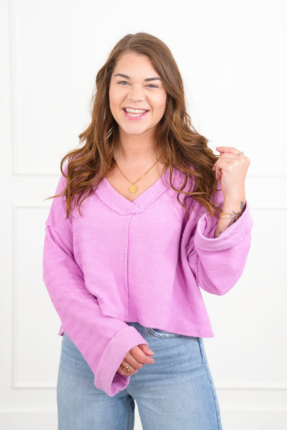 Long Sleeve V Neck Top with Cut Out Back Detail