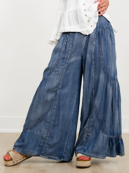Chambray Elastic Waist Tiered Wide Leg pants