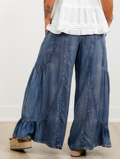 Chambray Elastic Waist Tiered Wide Leg pants