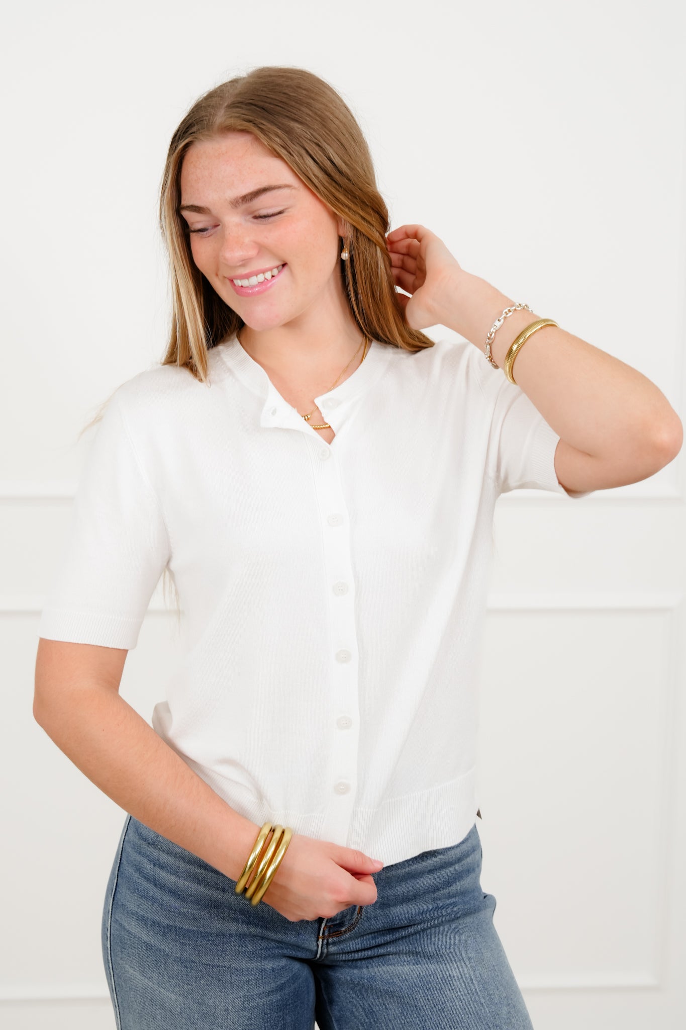 White Short Sleeve Button Up Cardigan