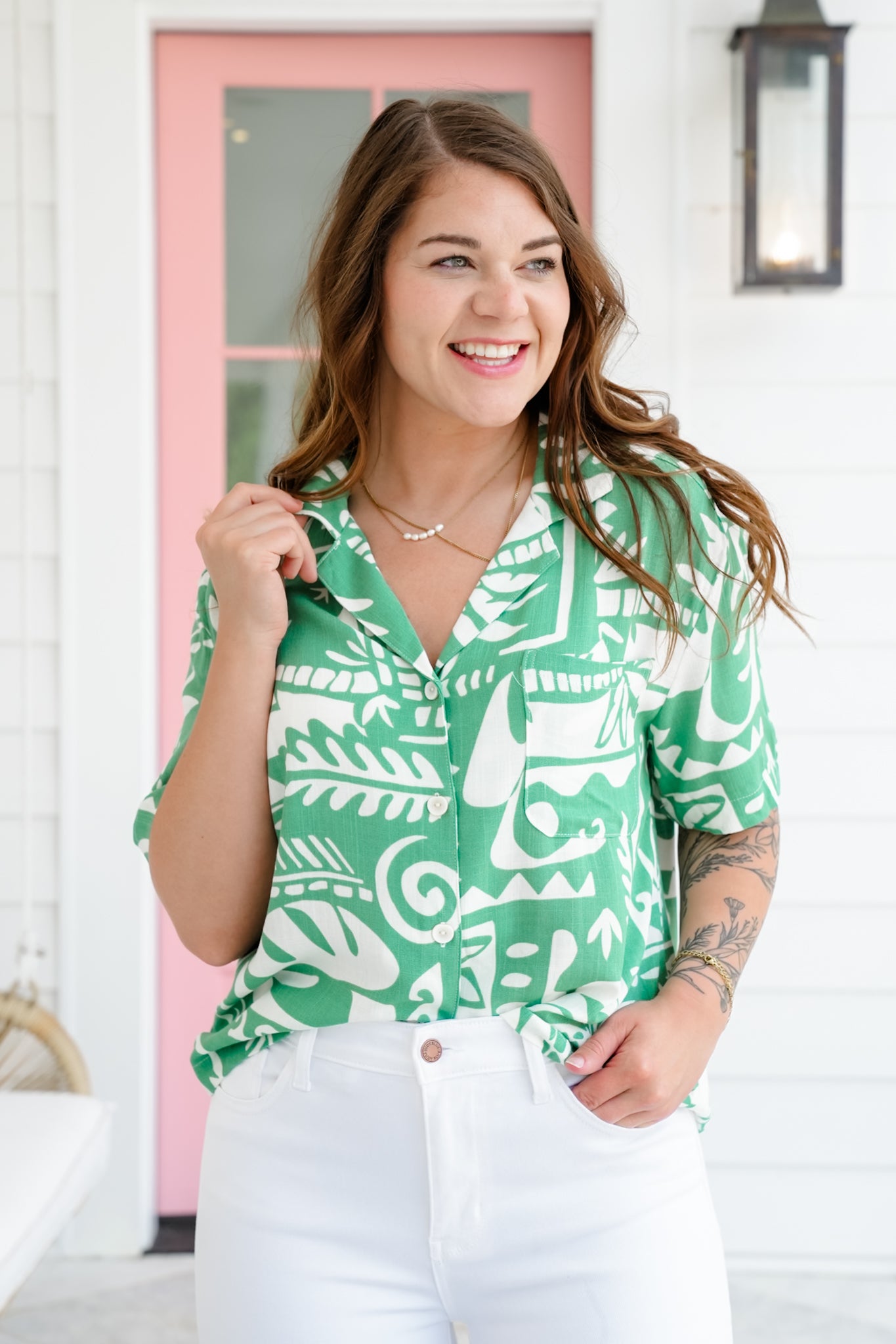Tropical Print Short Sleeve Button Down Resort Top