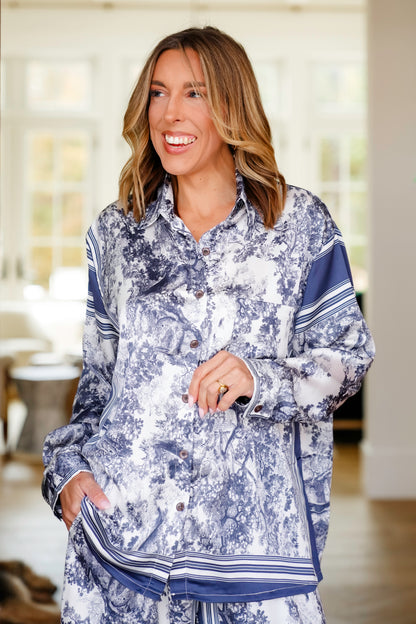 POL Floral Print Long Sleeve Button Down Blouse