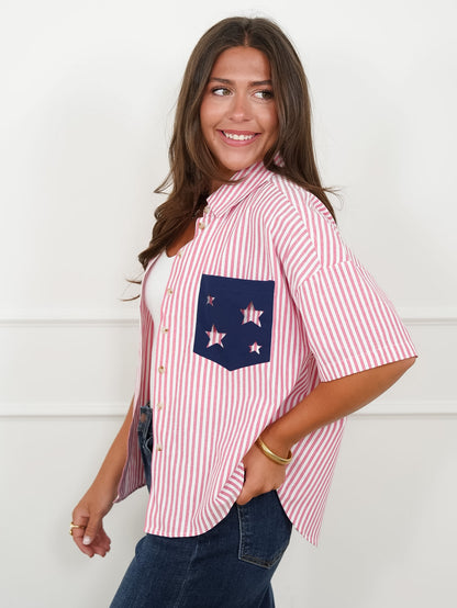 Stripe Short Sleeve Button Down Top with Cut Out Star Pocket