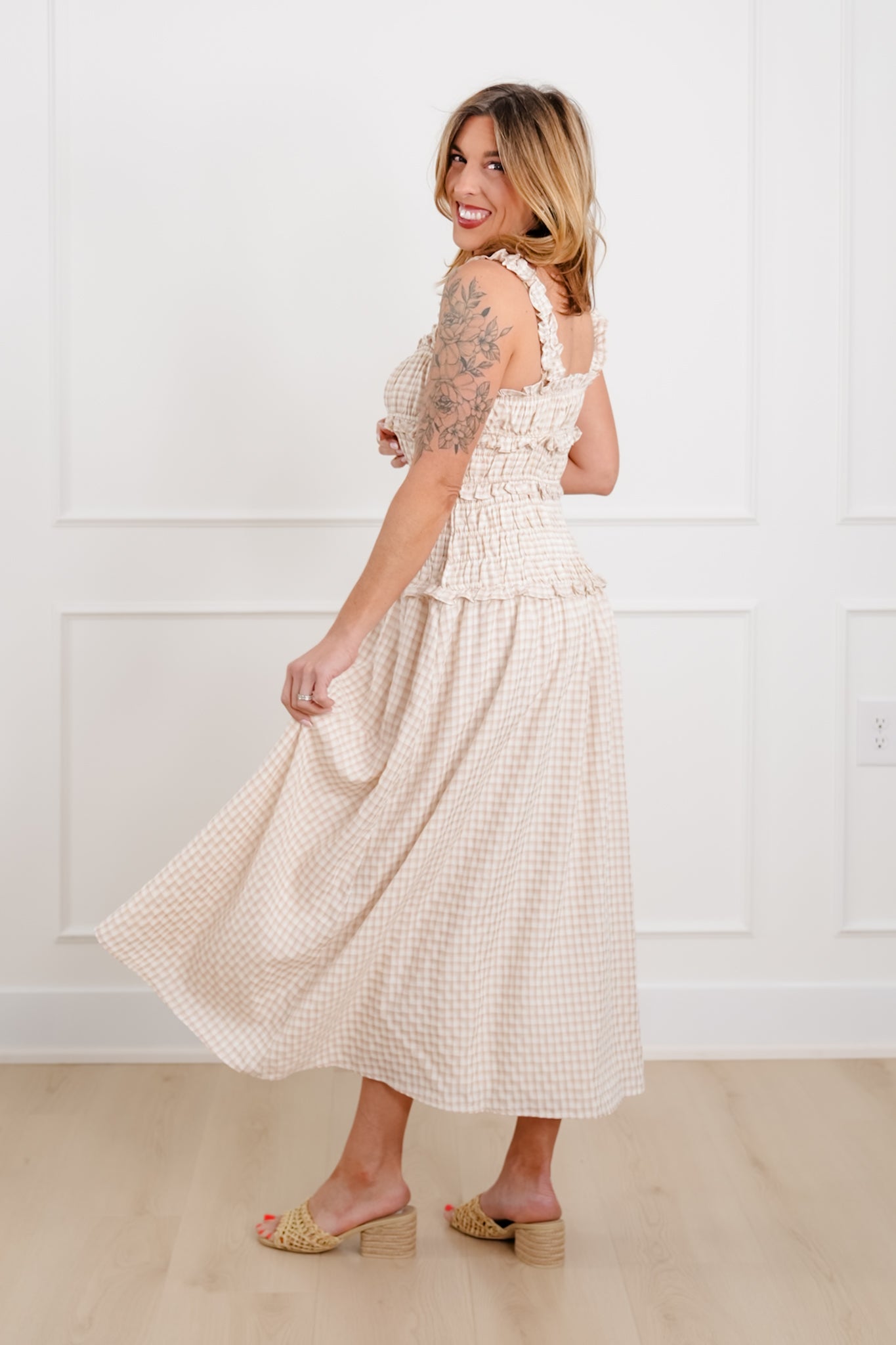 Plus/Reg Gingham Print Sleeveless Ruffle Maxi Dress