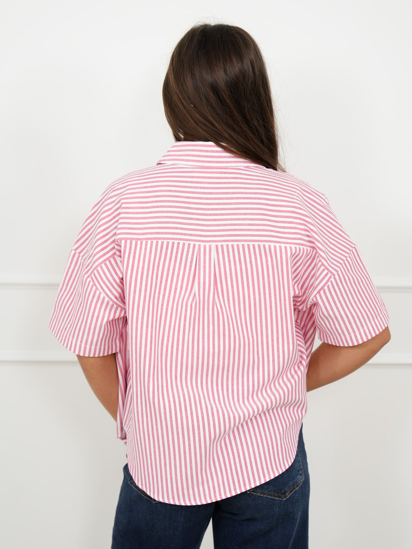 Stripe Short Sleeve Button Down Top with Cut Out Star Pocket