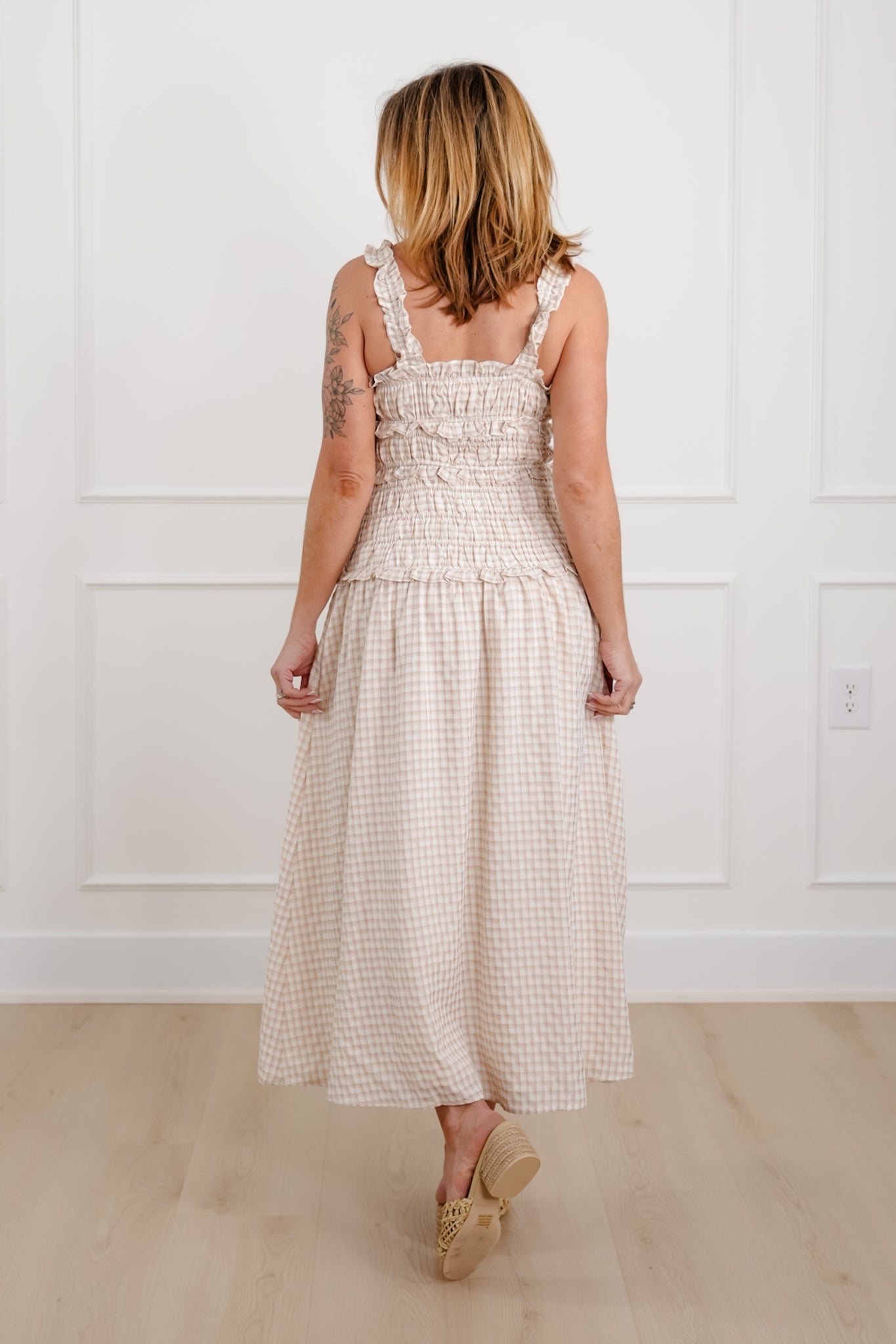 Plus/Reg Gingham Print Sleeveless Ruffle Maxi Dress
