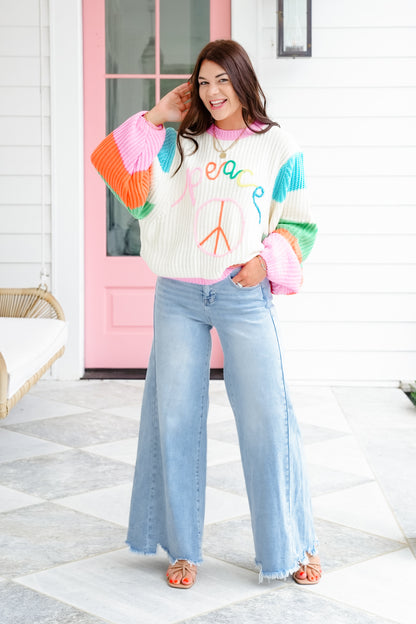 Plus/Reg Color Block Long Sleeve Sweater with Peace Sign