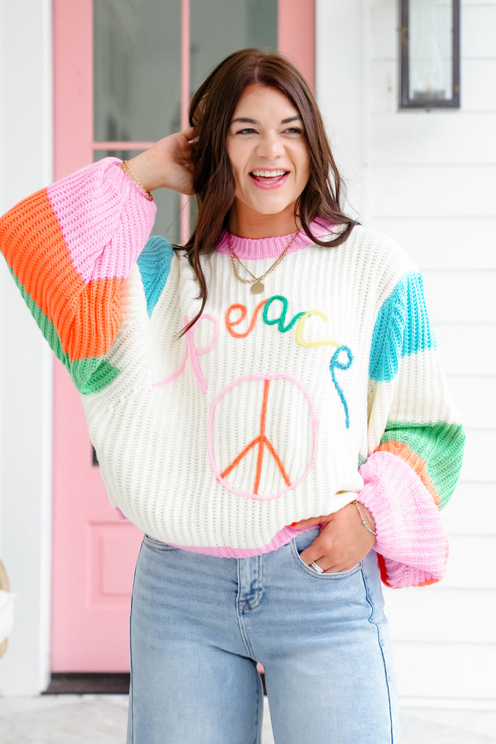 Plus/Reg Color Block Long Sleeve Sweater with Peace Sign