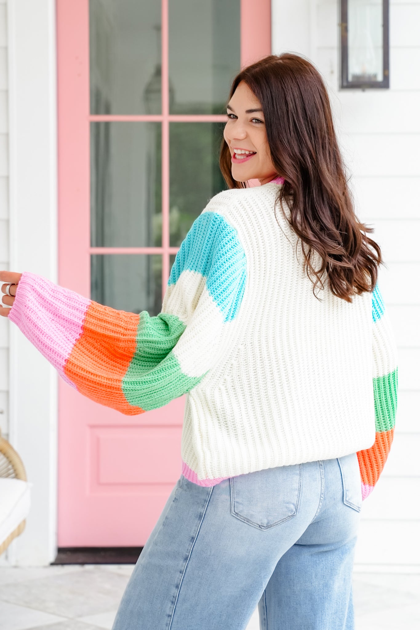 Plus/Reg Color Block Long Sleeve Sweater with Peace Sign