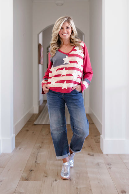 POL American Flag Patchwork Long Sleeve V Neck Top