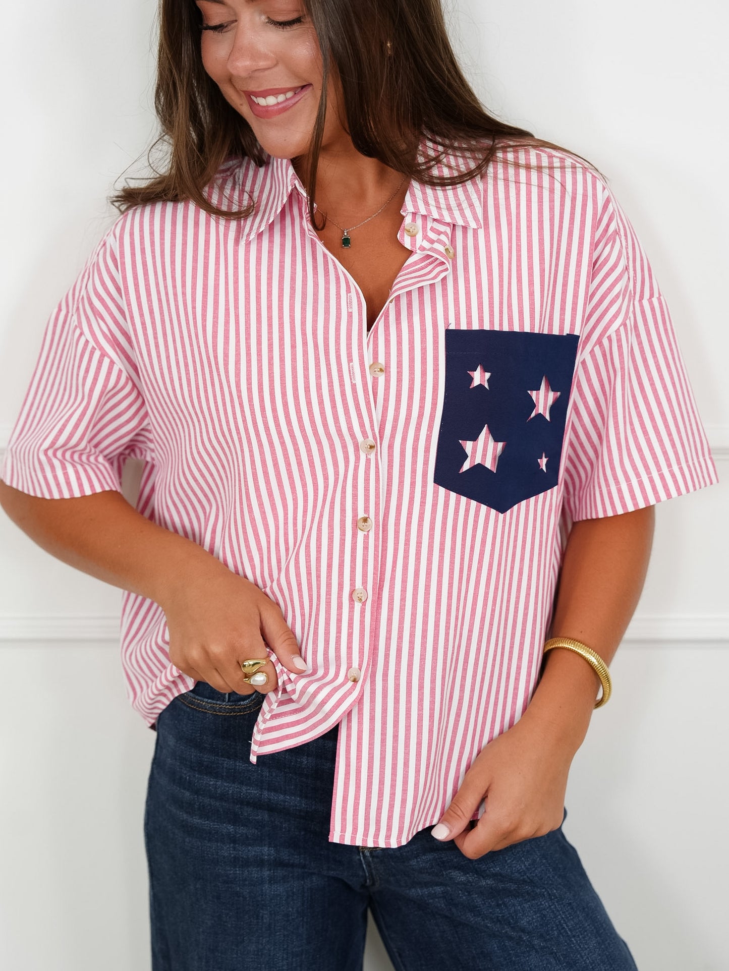 Stripe Short Sleeve Button Down Top with Cut Out Star Pocket