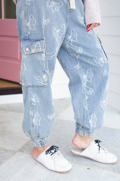 POL Denim Butterfly Print Jogger Pants