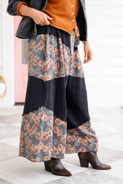 POL Black Elastic Waist Wide Leg Pants with Floral Print