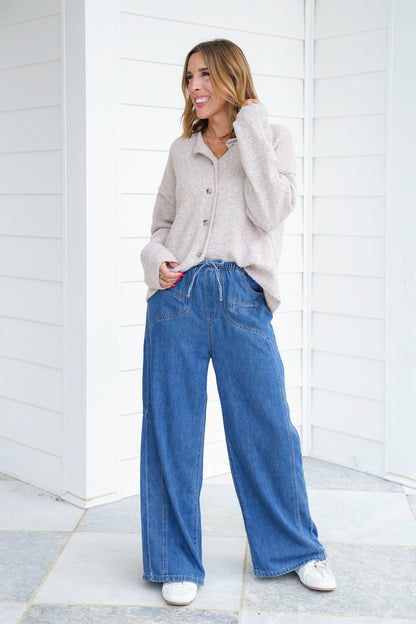Washed Elastic Waist Wide Leg Denim Pants