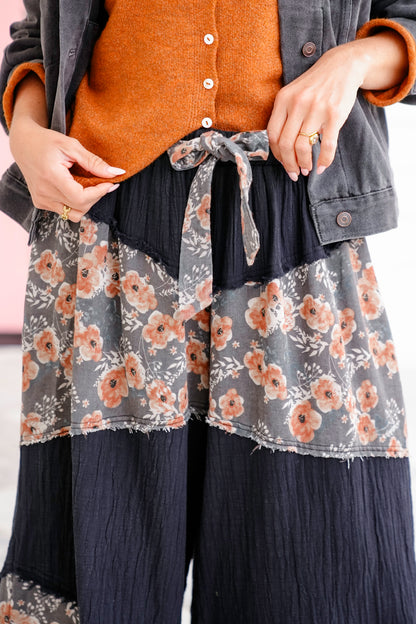 POL Black Elastic Waist Wide Leg Pants with Floral Print