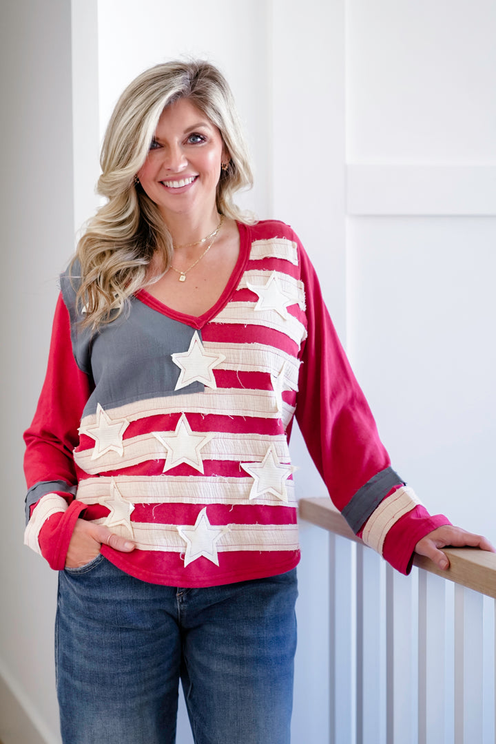 POL American Flag Patchwork Long Sleeve V Neck Top