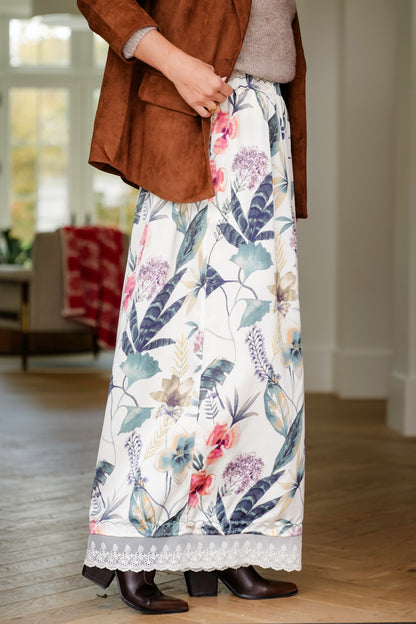 Floral Print Elastic Waist Wide Leg Pants with Lace Trim