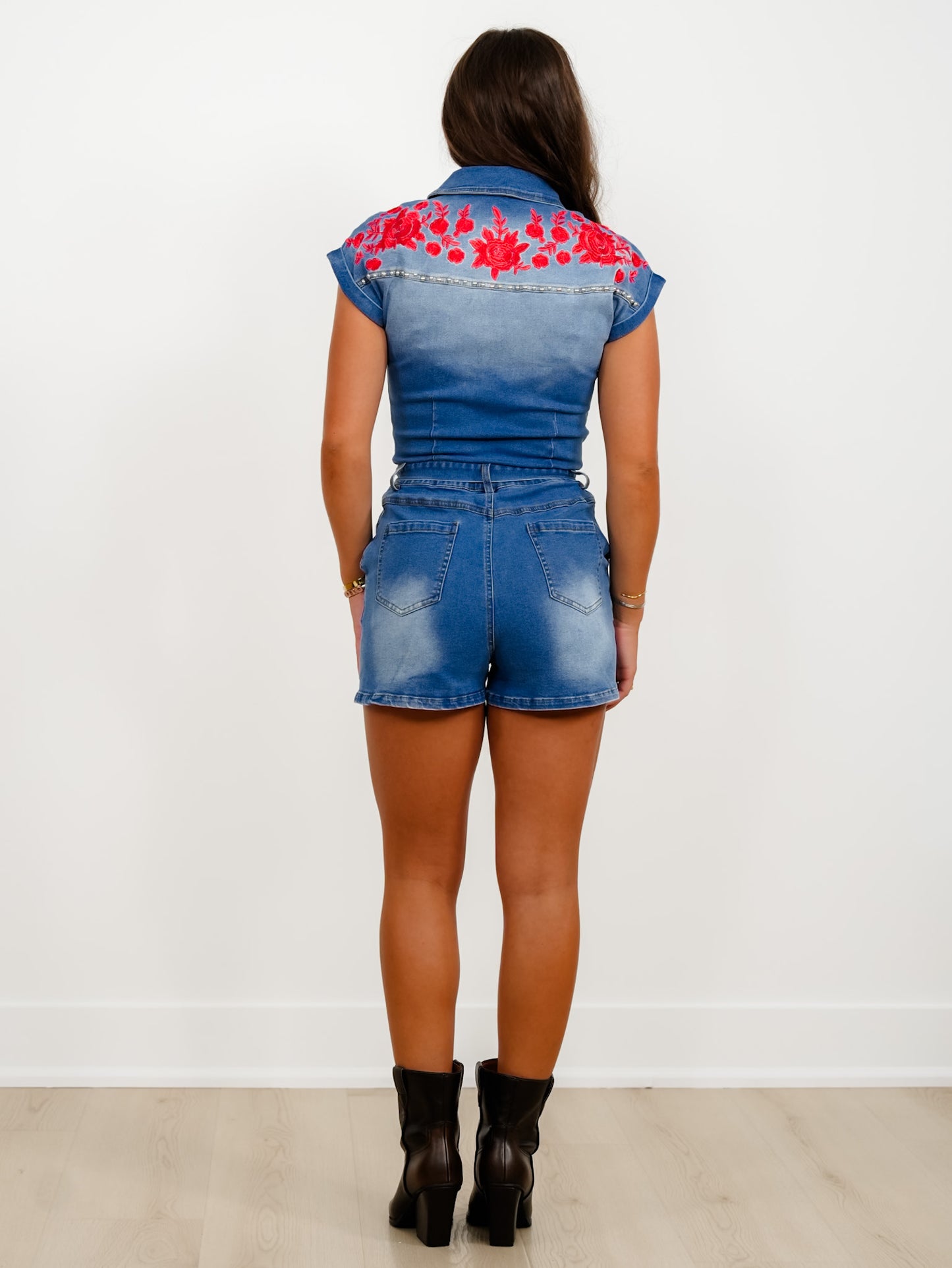 Short Sleeve Button Down Belted Romper with Floral Embroidery
