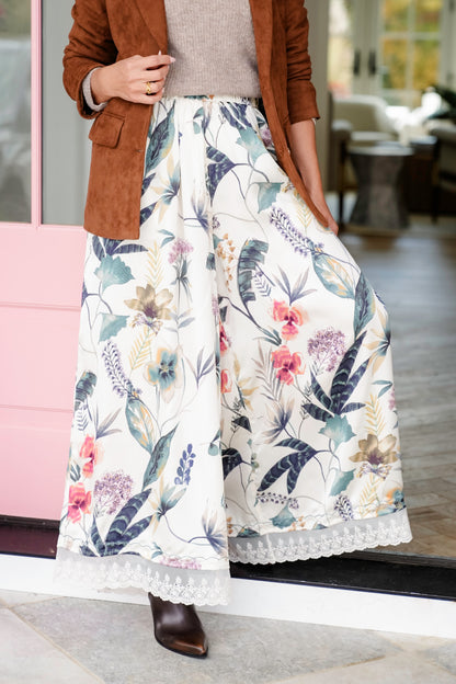 Floral Print Elastic Waist Wide Leg Pants with Lace Trim