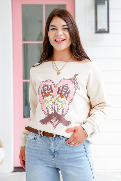 Cowboy Boot Print Long Sleeve French Terry Pullover Top