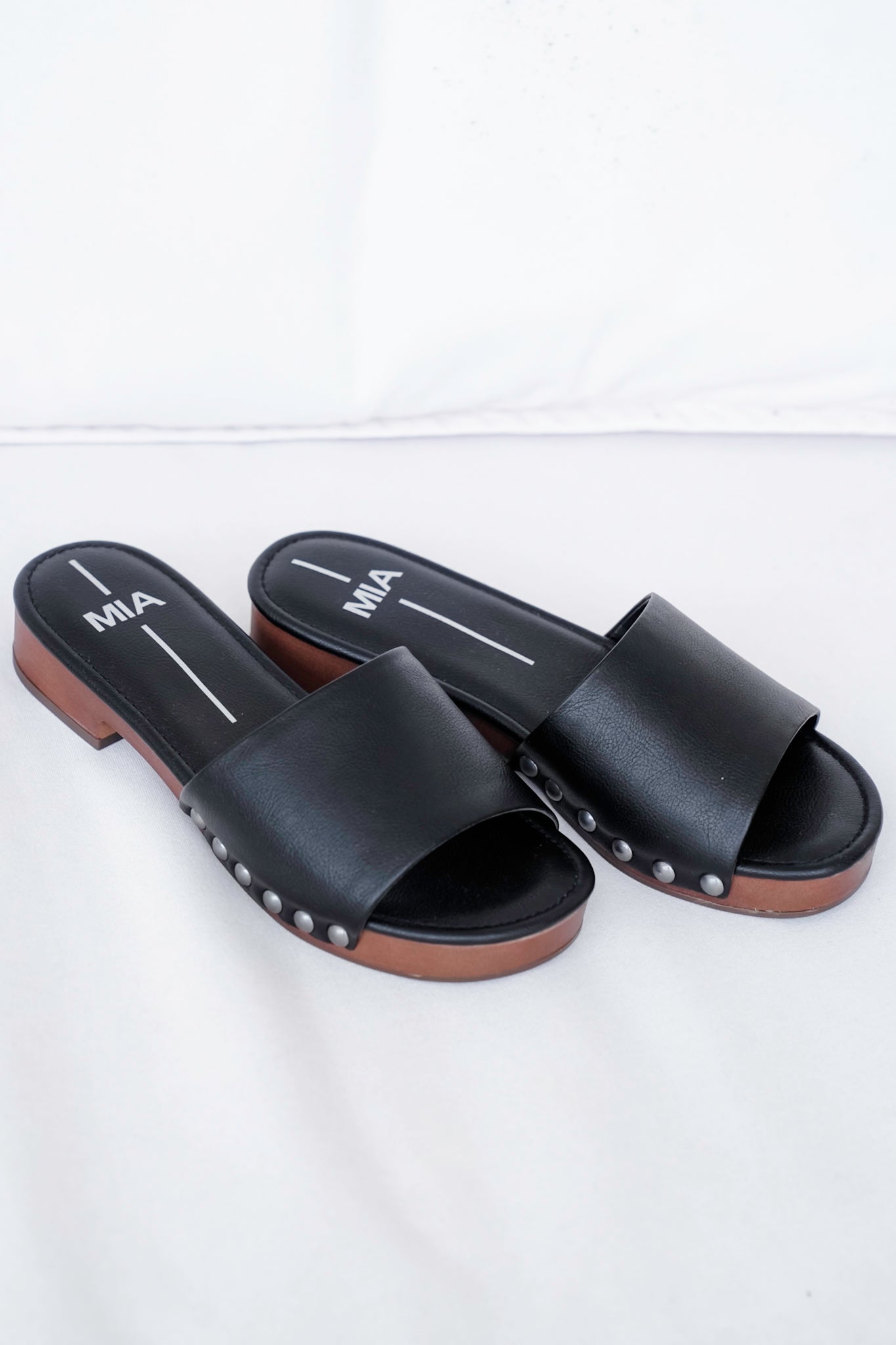 MIA Vegan Leather Studded Slide Block Heel Sandal