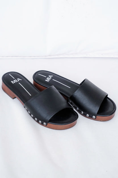 MIA Vegan Leather Studded Slide Block Heel Sandal
