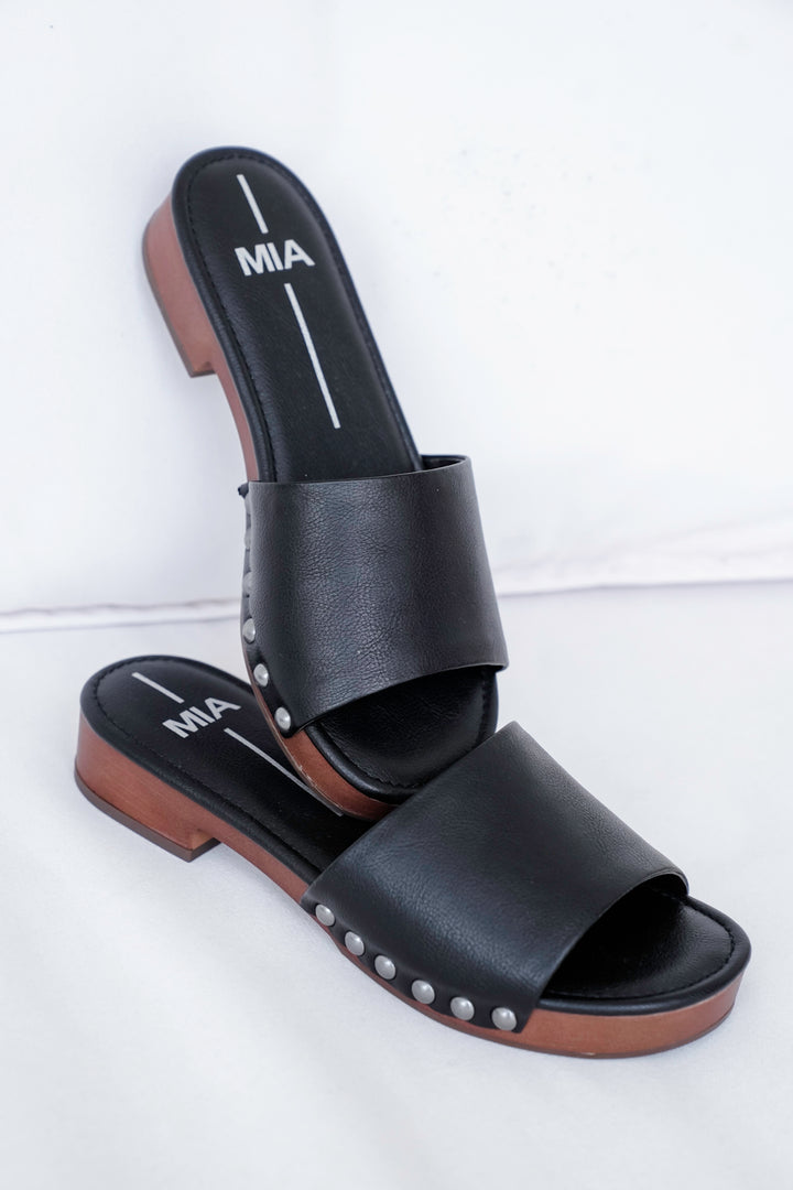MIA Vegan Leather Studded Slide Block Heel Sandal