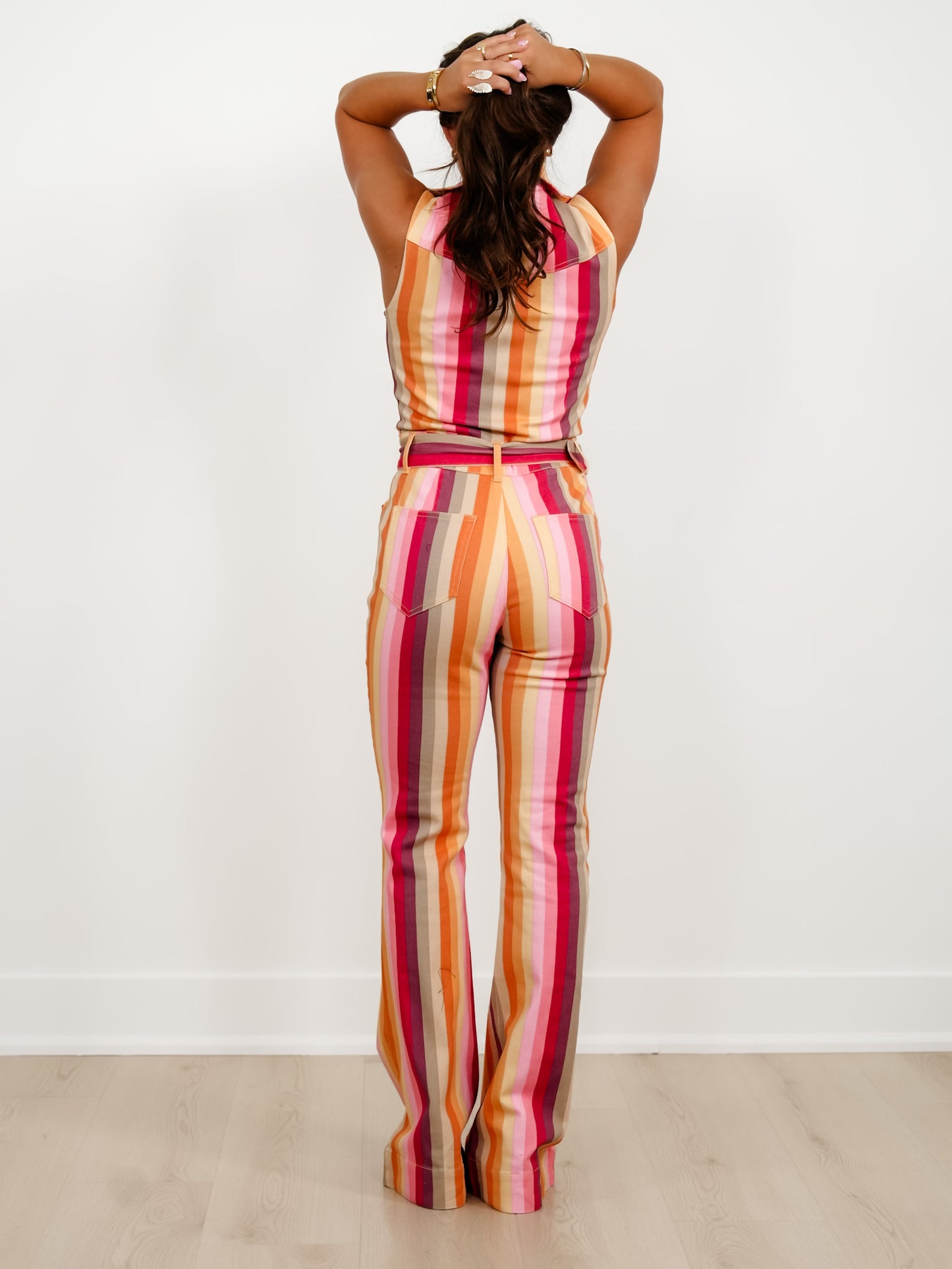 Vertical Stripe Sleeveless Belted Jumpsuit