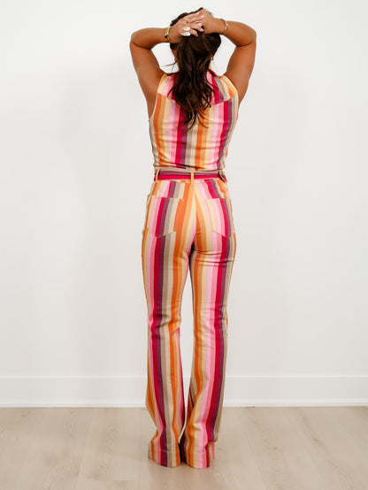 Vertical Stripe Sleeveless Belted Jumpsuit