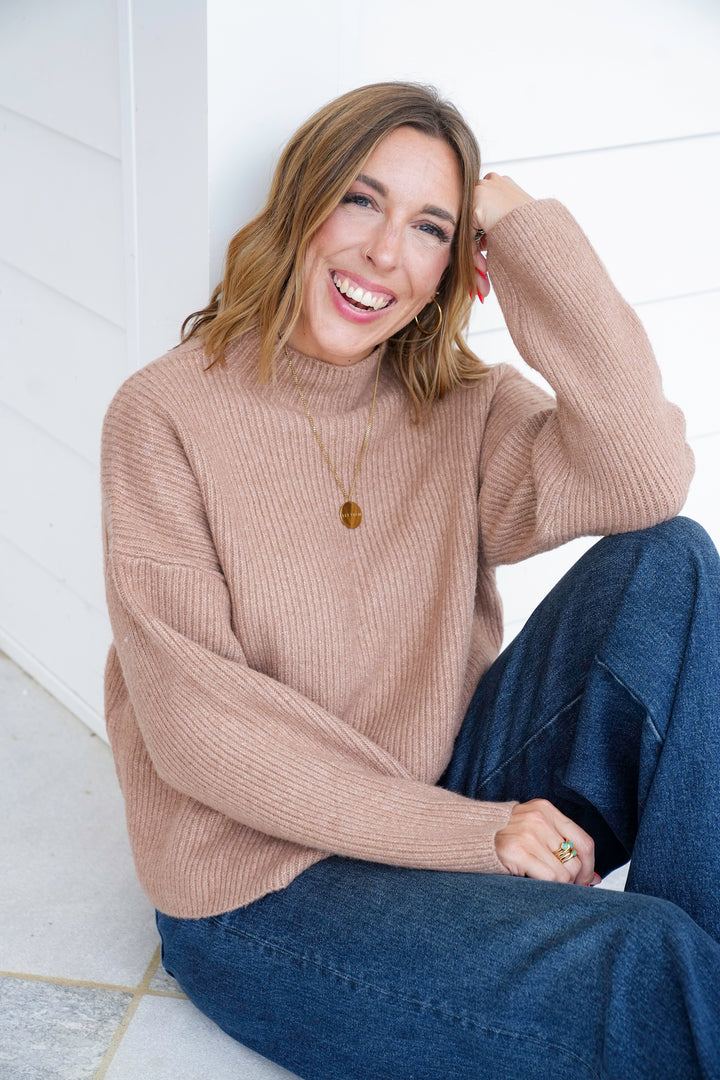 Ribbed Long Sleeve Mock Neck Knit Sweater