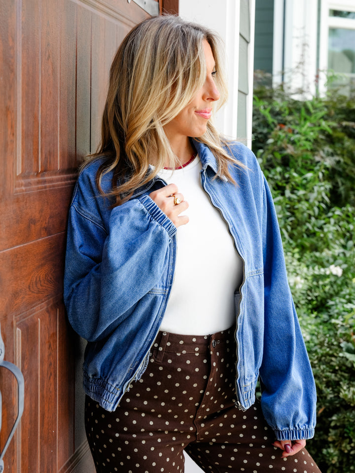 Vintage Wash Long Sleeve Jacket with Elastic Hem and Zipper Closure - Freckled Poppy