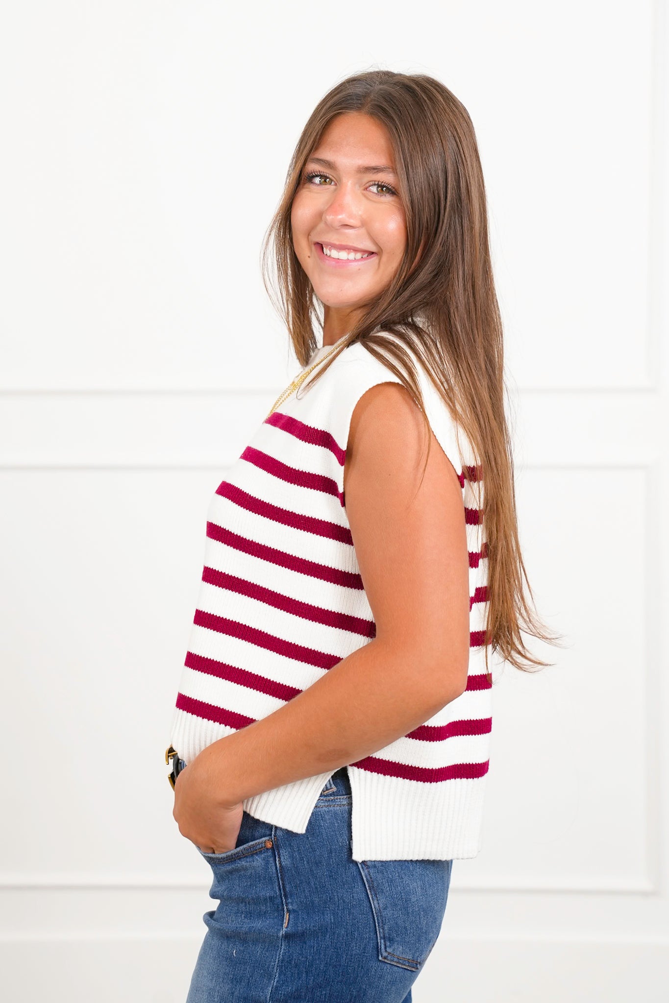 Door Buster! Zenana Oversized Crew Neck Stripe Sweater Vest