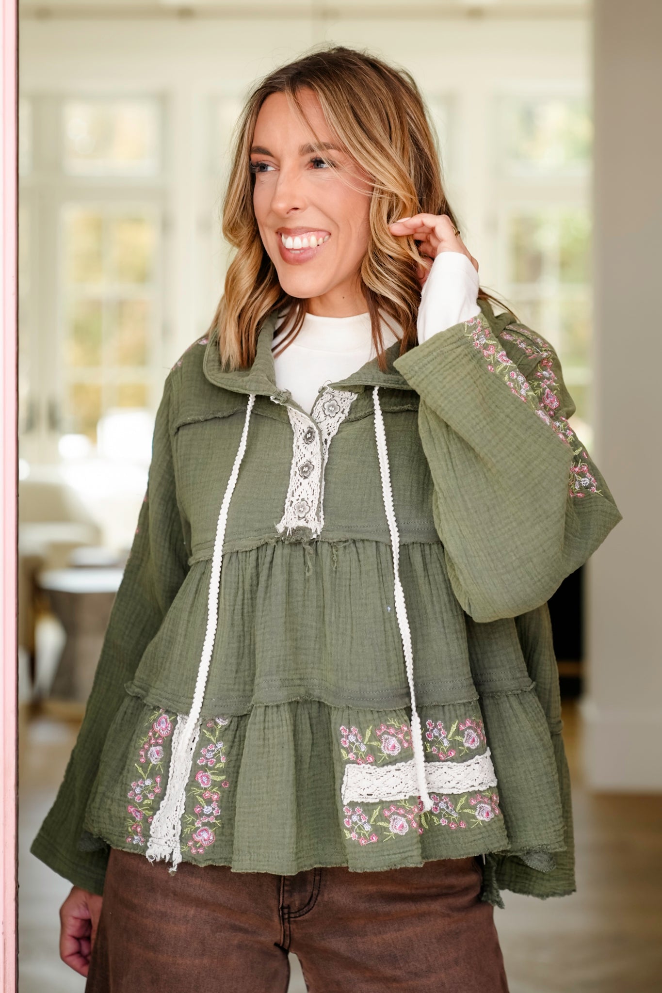 POL Long Sleeve Pullover Hoodie Top with Floral Print