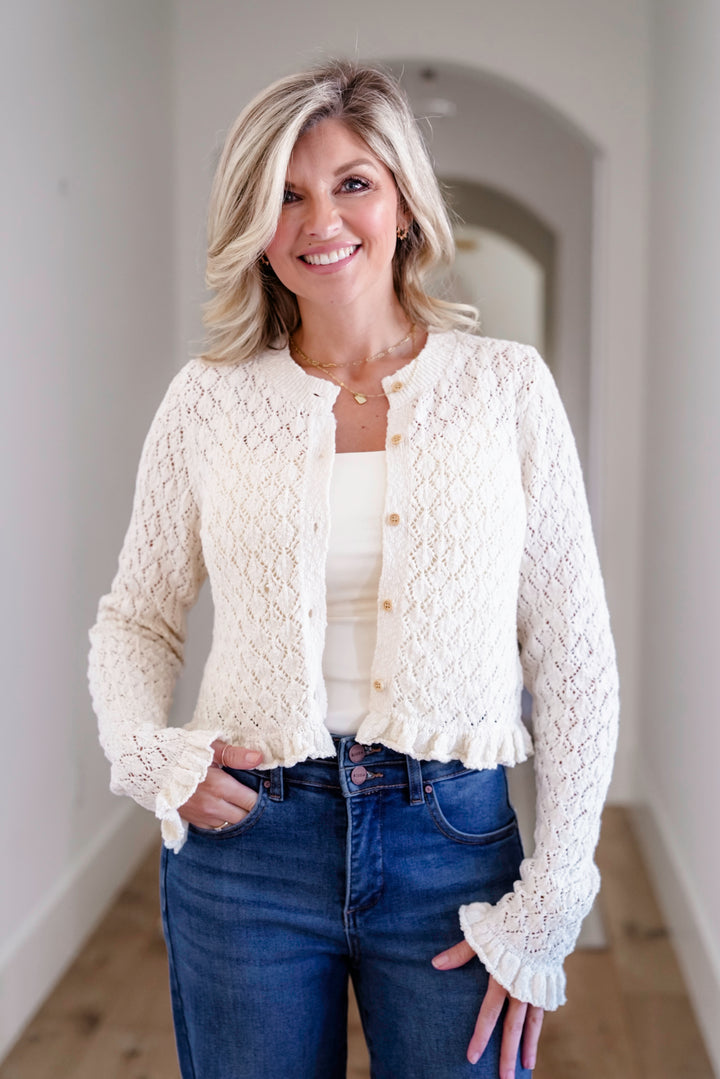 Knit Long Sleeve Button Down Ruffle Trim Cardigan