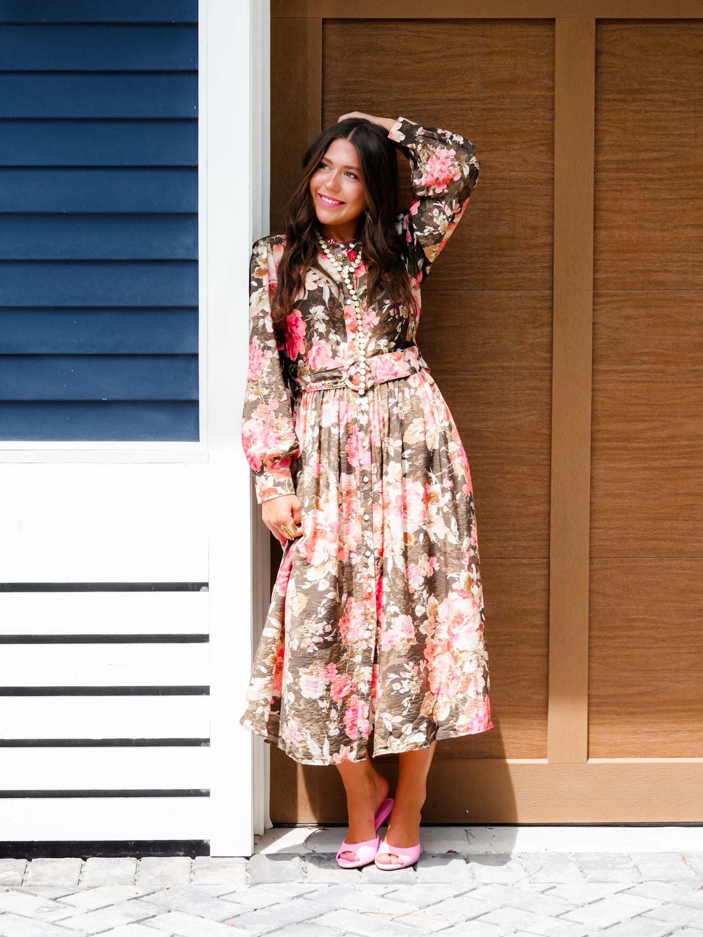 Plus/Reg Floral Print Button Up Long Sleeve Midi Dress with Waist Belt