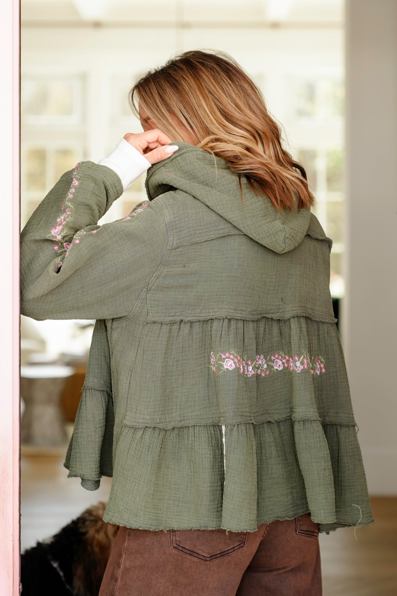 POL Long Sleeve Pullover Hoodie Top with Floral Print