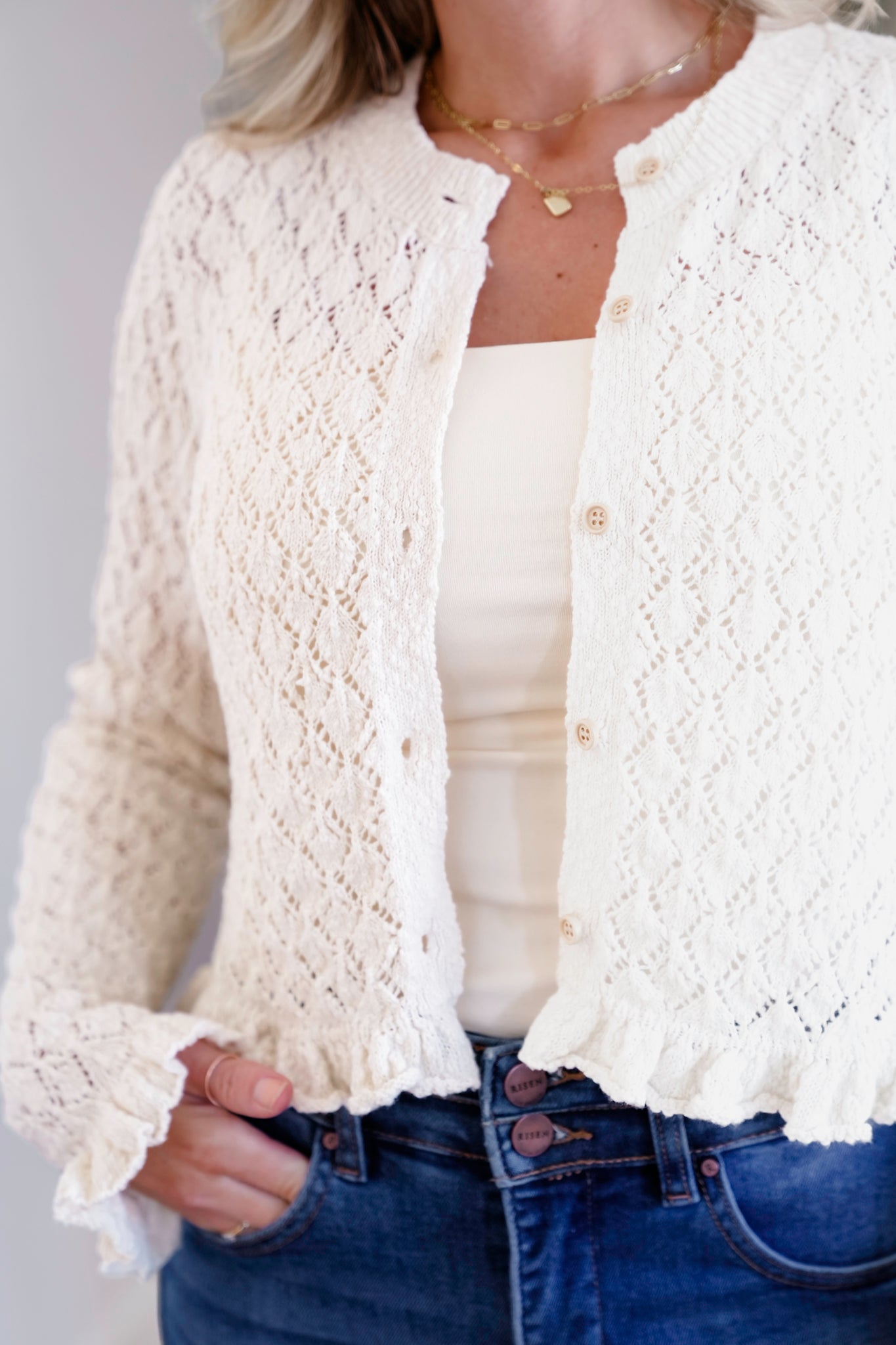 トップス POPPY LACE RUFFLE CARDIGAN POPPY】LACE KNIT RUFFLE CARDIGAN