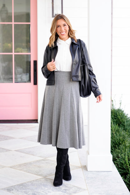 Knit Elastic Waist Pleated Midi Skirt