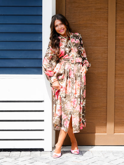 Plus/Reg Floral Print Button Up Long Sleeve Midi Dress with Waist Belt
