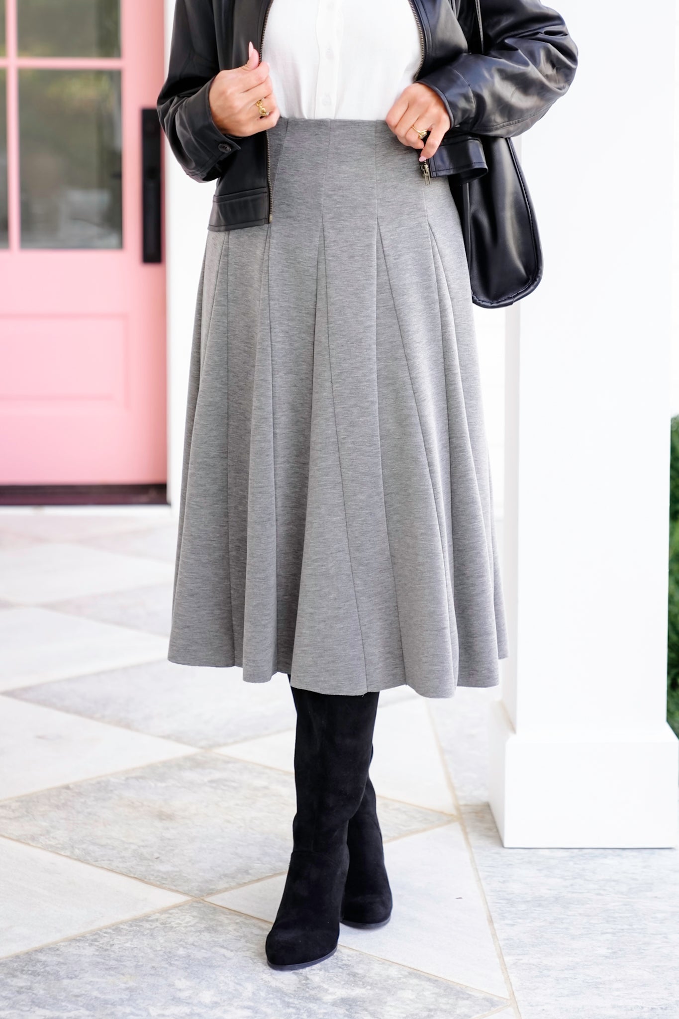 Knit Elastic Waist Pleated Midi Skirt