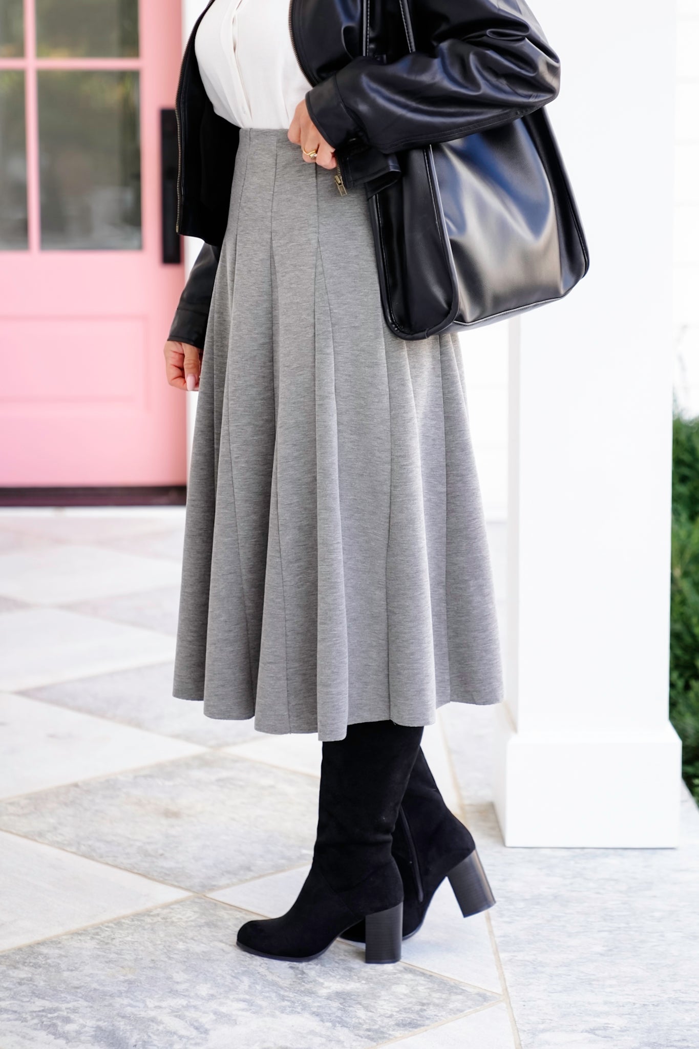 Knit Elastic Waist Pleated Midi Skirt