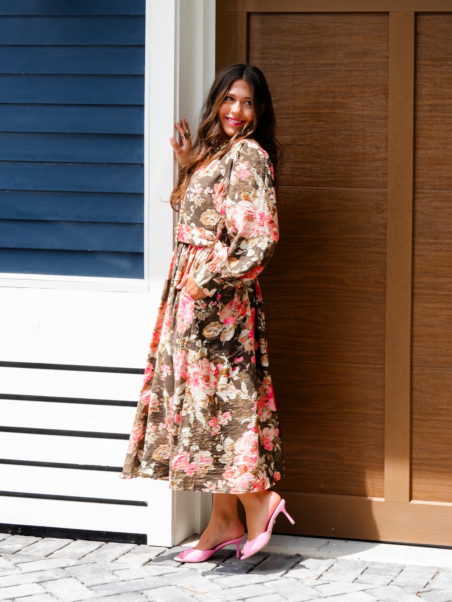 Plus/Reg Floral Print Button Up Long Sleeve Midi Dress with Waist Belt