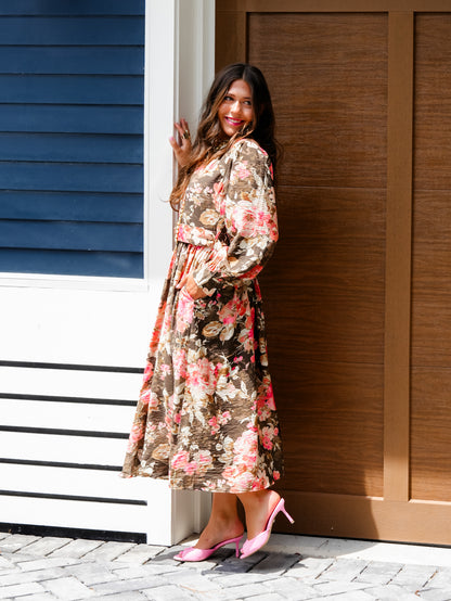 Plus/Reg Floral Print Button Up Long Sleeve Midi Dress with Waist Belt