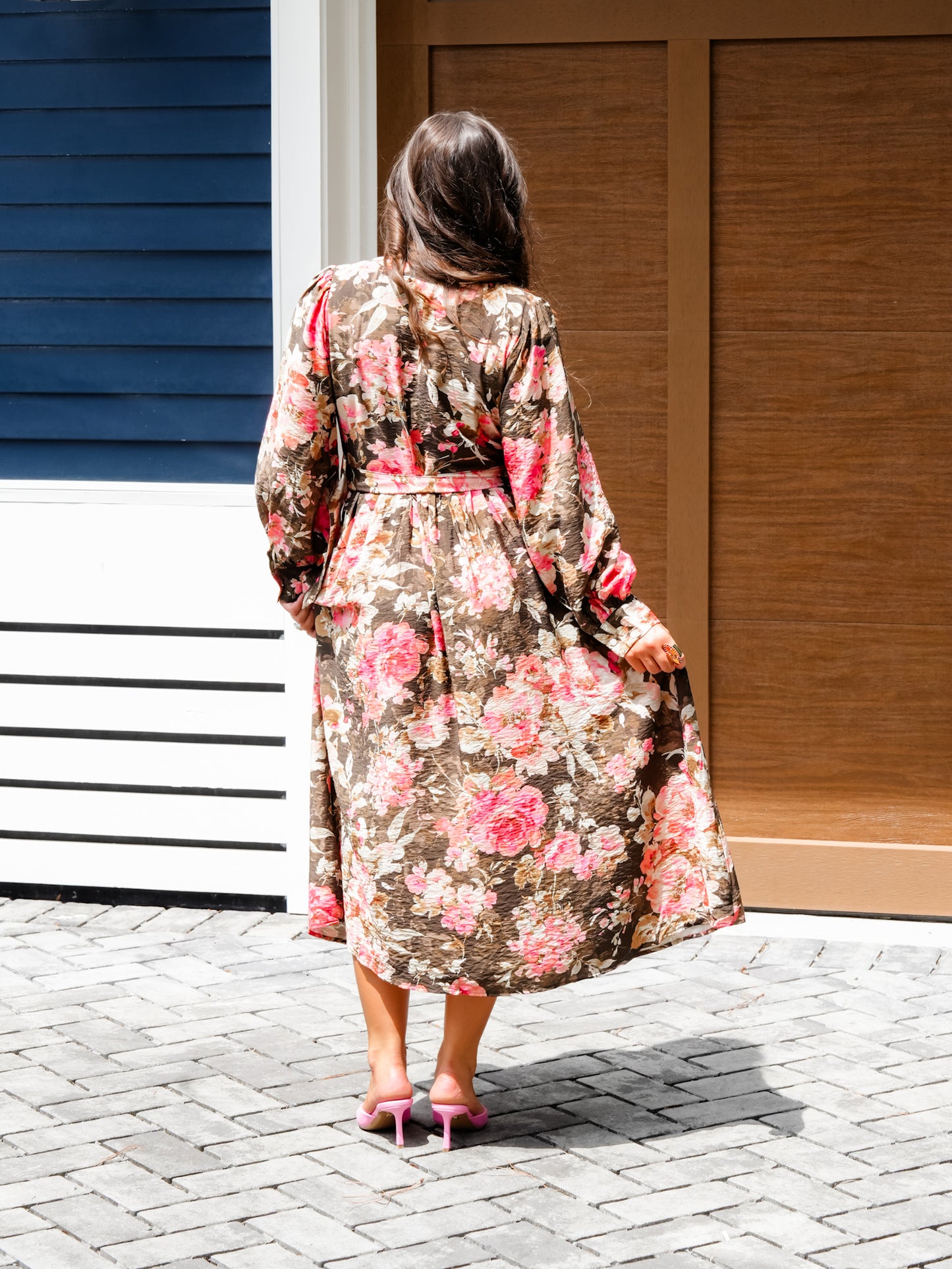 Plus/Reg Floral Print Button Up Long Sleeve Midi Dress with Waist Belt
